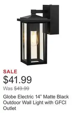 Costco Globe Electric 14 Matte Black Outdoor Wall Light with GFCI Outlet offer
