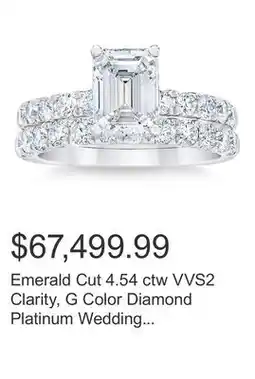 Costco Emerald Cut 4.54 ctw VVS2 Clarity, G Color Diamond Platinum Wedding Set offer