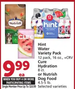 Vons Hint Water Variety Pack 12 pack, 16 oz., +CRV Cure Hydration 8 ct. or Nutrish Dog Food 4.5-5 lb offer