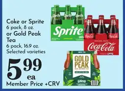 Pavilions Coke or Sprite 6 pack, 8 oz. or Gold Peak Tea 6 pack, 16.9 oz offer