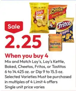 Stater Bros Lay's, Lay's Kettle, Baked, Cheetos, Fritos, or Tostitos 6 to 14.425 oz. or Dip 9 to 15.5 oz offer