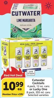 Albertsons Cutwater Cocktails 4 pack, 12 oz. cans or Lucky One 8 pack, 355 ml. cans offer