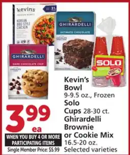 Albertsons Kevin's Bowl 9-9.5 oz., Frozen Solo Cups 28-30 ct. Ghirardelli Brownie or Cookie Mix 16.5-20 oz offer