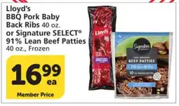 Albertsons Lloyd's BBQ Pork Baby Back Ribs 40 oz. or Signature SELECT 91% Lean Beef Patties 40 oz offer