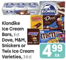 Tony’s Fresh Market Klondike Ice Cream Bars, Dove, M&M, Snickers or Twix Ice Cream Varieties offer