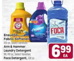 Tony’s Fresh Market Ensueño Fabric Softener 105 oz, Arm & Hammer Laundry Detergent 96-110 oz, Foca Detergent, 128 oz offer
