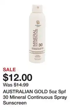 Marshalls AUSTRALIAN GOLD 5oz Spf 30 Mineral Continuous Spray Sunscreen offer