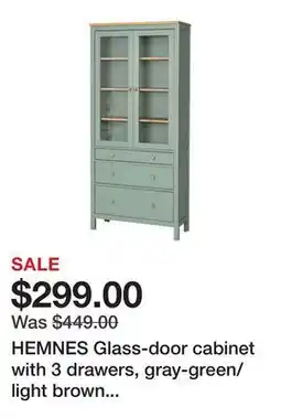 Ikea HEMNES Glass-door cabinet with 3 drawers, gray-green/light brown stained offer