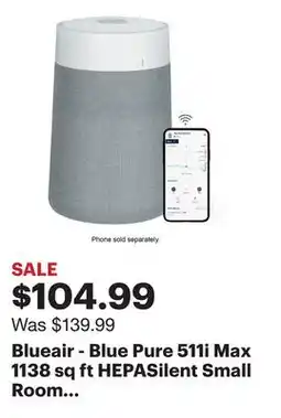 Best Buy Blueair - Blue Pure 511i Max 1138 sq ft HEPASilent Small Room Bedroom Air Purifier - White/Gray offer