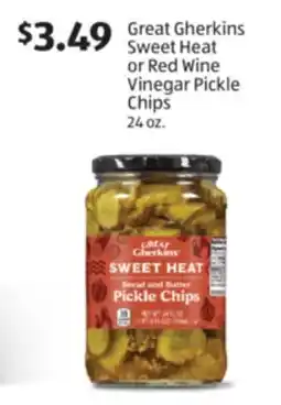Aldi Great Gherkins Sweet Heat or Red Wine Vinegar Pickle Chips offer