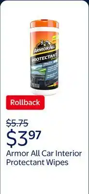 Walmart Armor All Car Interior Protectant Wipes in New Car Scent offer