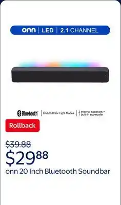 Walmart onn 20 Inch Bluetooth 2.1 Channel Soundbar with Multi-Color LED Lighting, Black offer