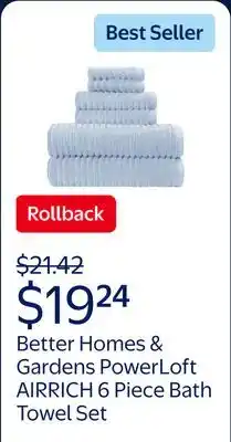 Walmart Better Homes & Gardens PowerLoft AIRRICH 6 Piece Bath Towel Set, Blue Drop Textured Stripe offer