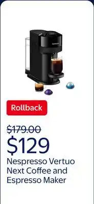 Walmart Nespresso Vertuo Next Coffee and Espresso Maker by De'Longhi, Glossy Black offer