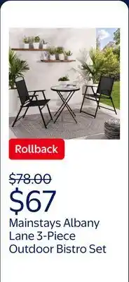 Walmart Mainstays Albany Lane 3-Piece Outdoor Bistro Set, Folding Chairs & Glass Table, Black offer