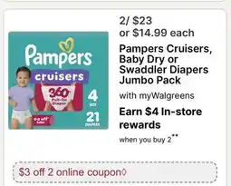 Walgreens Pampers Cruisers, Baby Dry or Swaddler Diapers Jumbo Pack offer