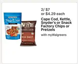 Walgreens Cape Cod, Kettle, Snyder's or Snack Factory Chips or Pretzels offer