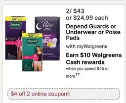 Walgreens Depend Guards or Underwear or Poise Pads offer