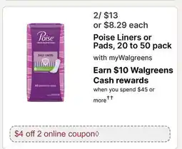 Walgreens Poise Liners or Pads offer
