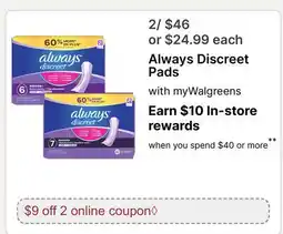 Walgreens Always Discreet Pads offer