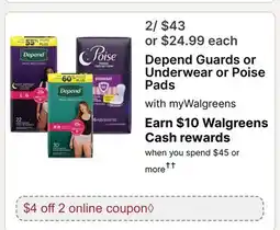 Walgreens Depend Guards or Underwear or Poise Pads offer