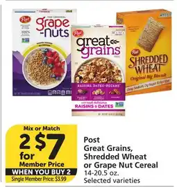 Albertsons Post Great Grains, Shredded Wheat or Grape Nut Cereal offer