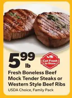 Save a Lot Fresh Boneless Beef Mock Tender Steaks or Western Style Beef Ribs offer