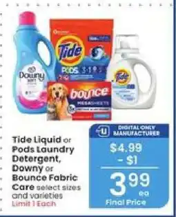 Albertsons Tide Liquid or Pods Laundry Detergent, Downy or Bounce Fabric Care offer