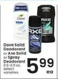Albertsons Dove Solid Deodorant or Axe Solid or Spray Deodorant offer