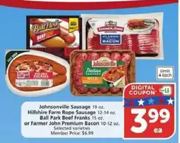 Albertsons Johnsonville Sausage, Hillshire Farm Rope Sausage, Ball Park Beef Franks, Farmer John Premium Bacon offer