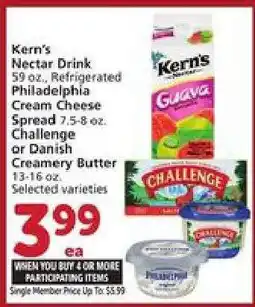 Albertsons Kern's Nectar Drink, Philadelphia Cream Cheese Spread, Challenge or Danish Creamery Butter offer