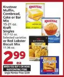 Albertsons Krusteaz Muffin, Cornbread, Cake or Bar Mix / Kraft Singles / Red Lobster Biscuit Mix offer