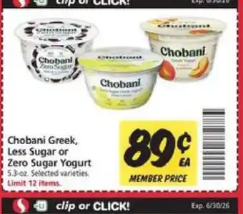 Safeway Chobani Greek, Less Sugar or Zero Sugar Yogurt offer