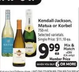 Safeway Kendall-Jackson, Matua or Korbel offer