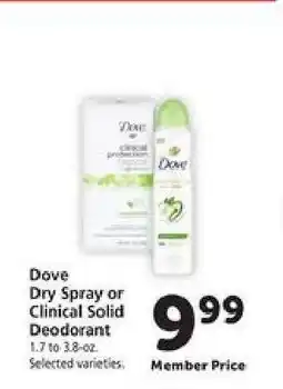 Safeway Dove Dry Spray or Clinical Solid Deodorant offer