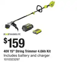 The Home Depot Ryobi 40V 15 String Trimmer 4.0Ah Kit offer