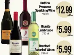 Big Saver Foods Ruffino prosecco Sparkling Wine 750 ml, Riunite Lambrusco 750 ml, Barefoot Assorted wines offer