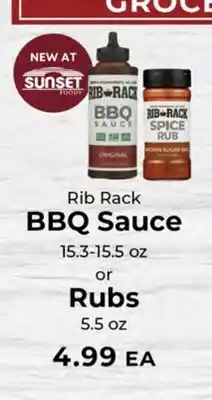 Sunset Foods Rib Rack BBQ Sauce or Rubs offer