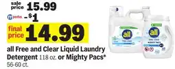 Meijer all Free and Clear Liquid Laundry Detergent 118 OZ or Mighty Pacs* 56-60 ct offer