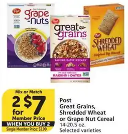 Albertsons Post Great Grains, Shredded Wheat or Grape Nut Cereal offer