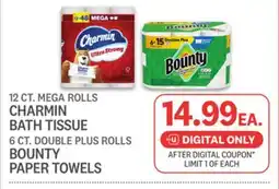 Kings Food Markets CHARMIN BATH TISSUE 12 CT. MEGA ROLLS BOUNTY PAPER TOWELS 6 CT. DOUBLE PLUS ROLLS offer