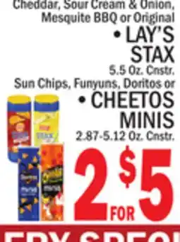 C Town LAY'S STAX 5.5 Oz. Cnstr. Sun Chips, Funyuns, Doritos or • CHEETOS MINIS 2.87-5.12 Oz. Cnstr offer