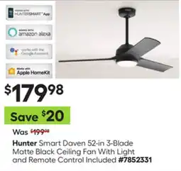 Lowe's Smart Daven 52-in 3-Blade Matte Black Ceiling Fan With Light and Remote Control Included offer