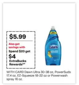 CVS Dawn Ultra 30-38 oz, PowerSuds 17.4 oz, EZ-Squeeze 18-22 oz or Powerwash spray 16 oz offer