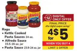ACME Ragu Kettle Cooked Pasta Sauces 24 oz.,Alfredo Sauce 15.5-16 oz. jar, Pasta Sauce 23.9-24 oz. jar offer