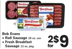 ACME Bob Evans Roll Sausage 16 oz. can, Fresh Breakfast Sausage 12 oz. pkg offer