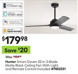 Lowe's Hunter Smart Daven 52-in 3-Blade Matte Black Ceiling Fan offer