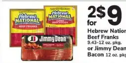 Safeway Hebrew National Beef Franks or Jimmy Dean Bacon offer