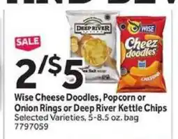 Stop&Shop Wise Cheese Doodles, Popcorn or Onion Rings or Deep River Kettle Chips offer