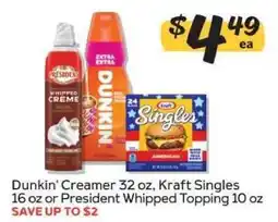 Winn Dixie Dunkin' Creamer, Kraft Singles, President Whipped Topping offer